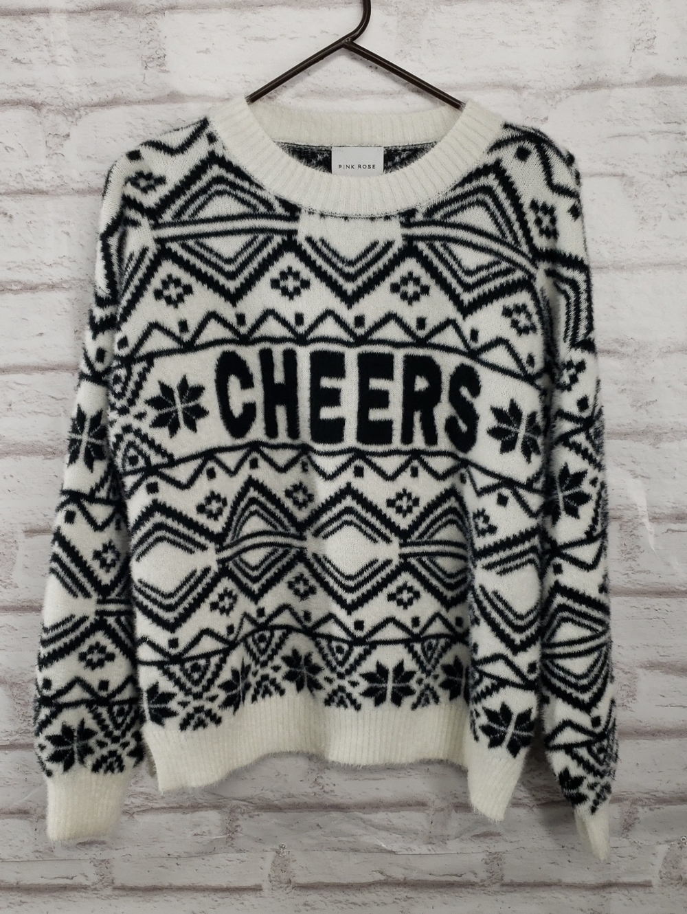 Pink Rose Womens 'Cheers' Black & White Fair Isle Sweater. Large. NWOT